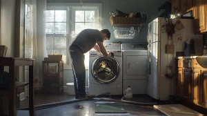 Professional dryer vent cleaning by a technician in a laundry room
