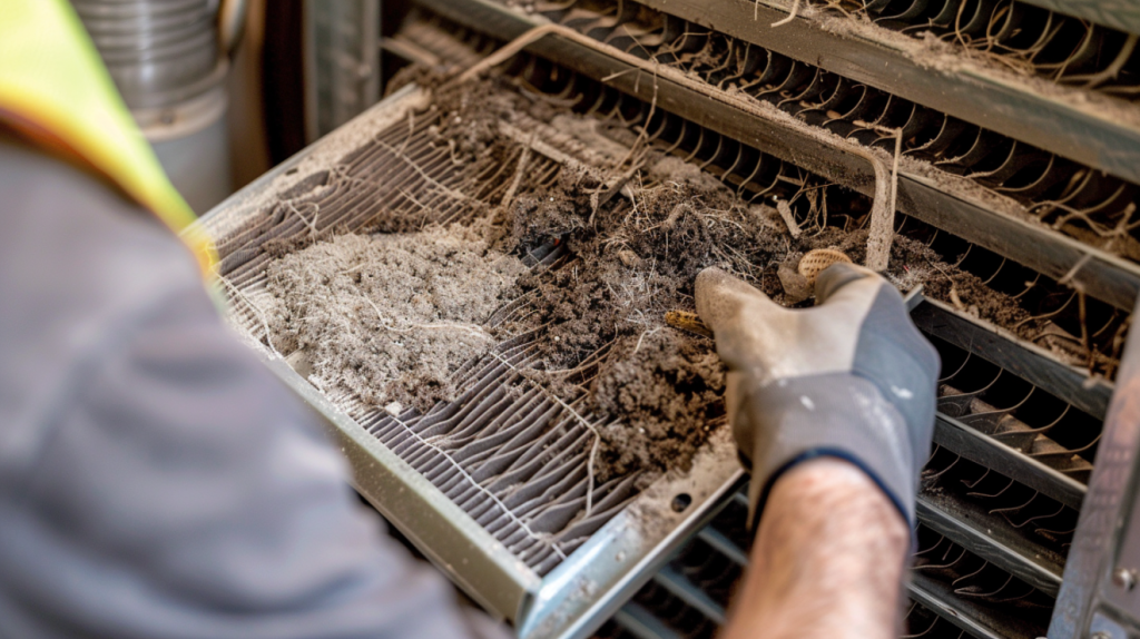 Dirty furnace filter being replaced with a clean one