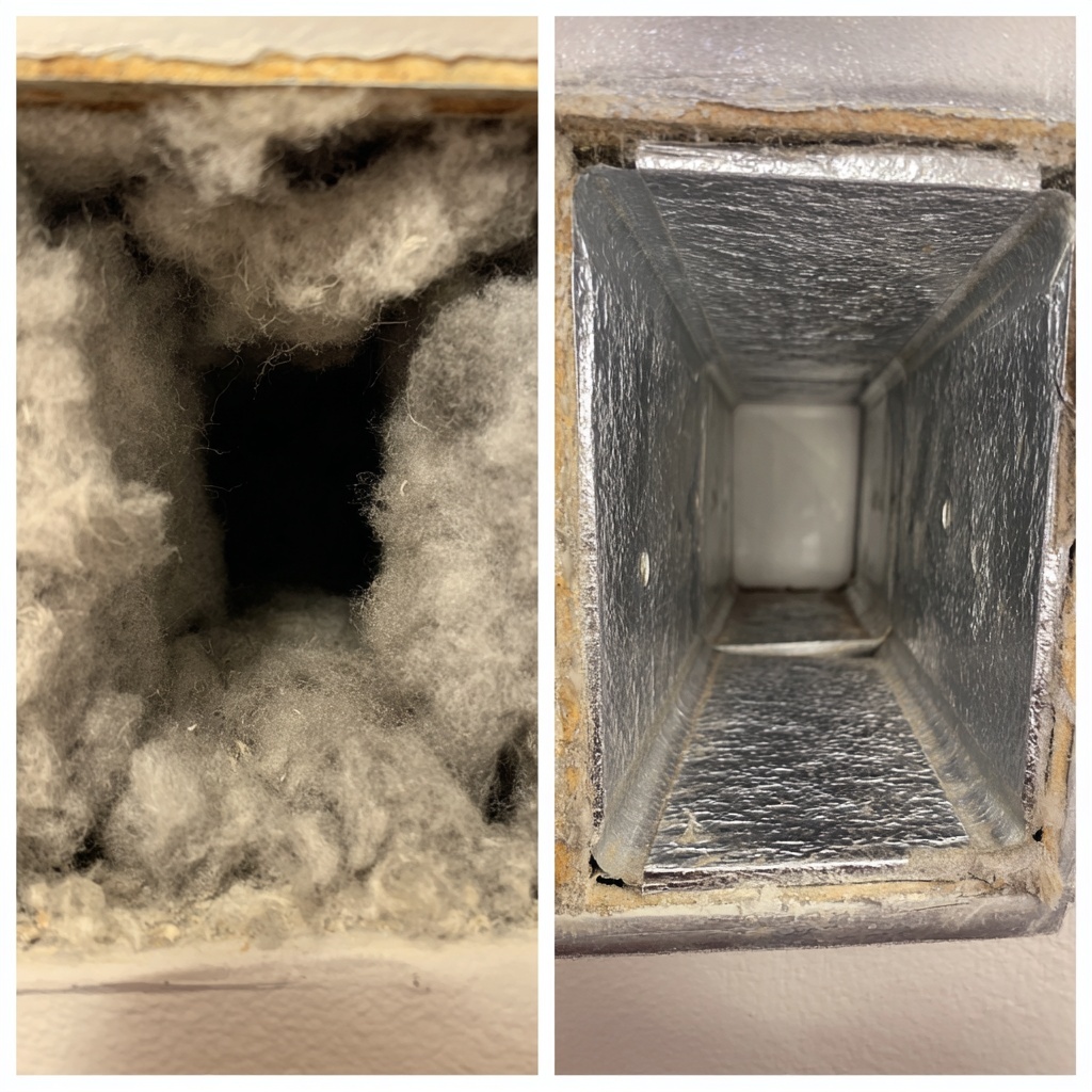 Before and after comparison of Dryer Vent Cleaning Vancouver showing lint buildup removed and clear airflow restored