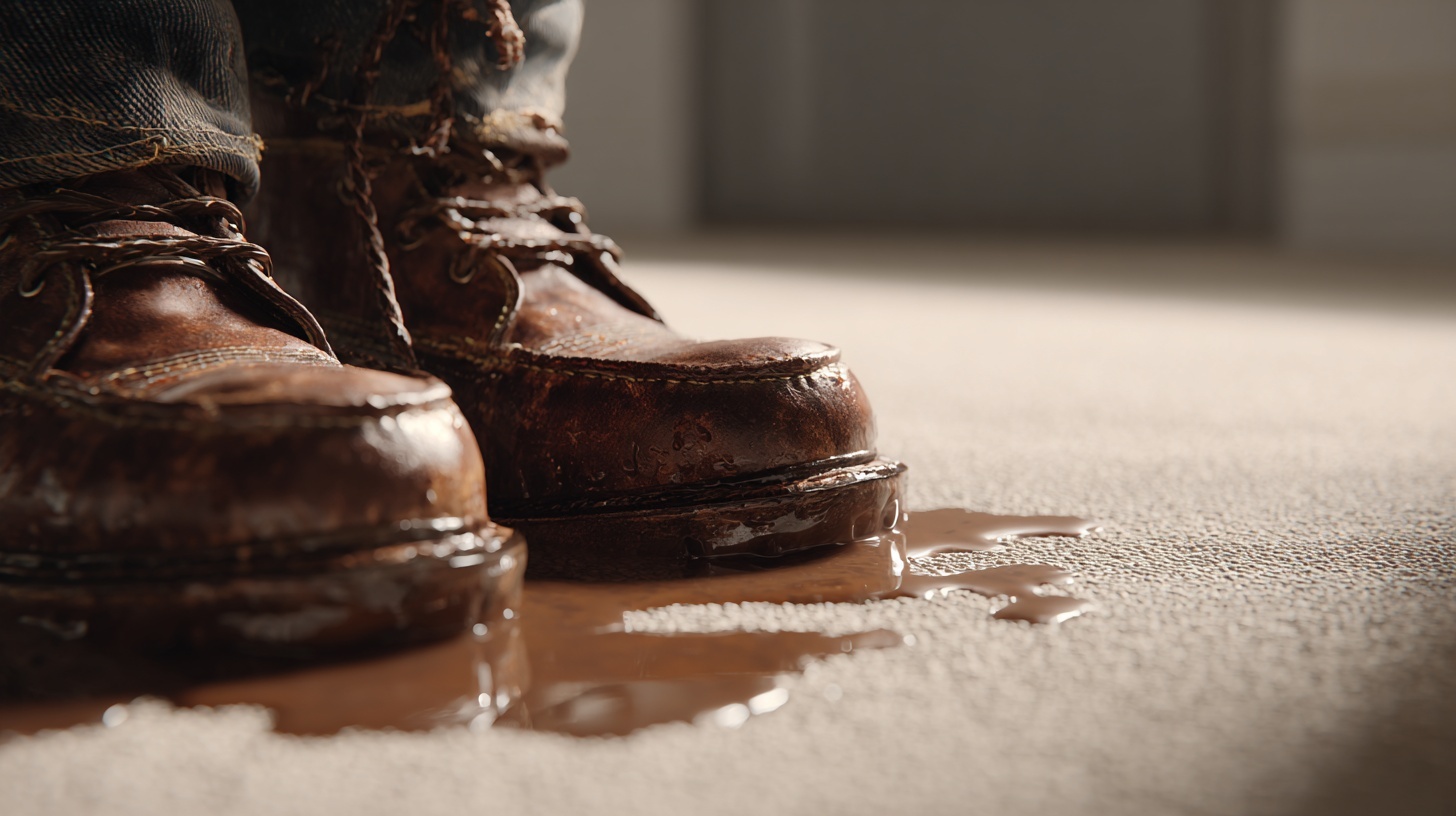Close-up of muddy shoes stepping onto a light carpet in Vancouver home