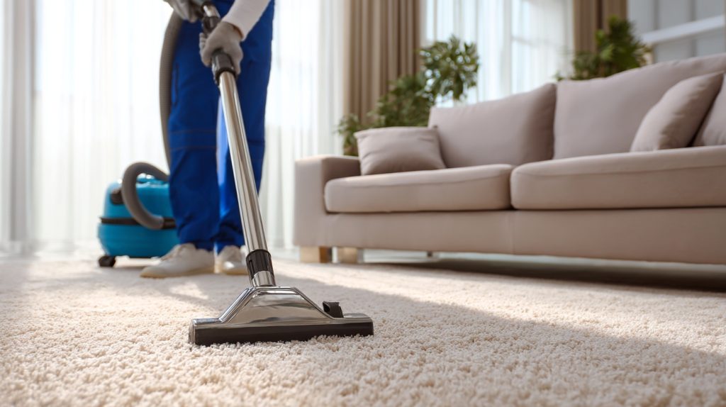 Technician deep cleaning carpet in a modern living room in Horseshoe Bay