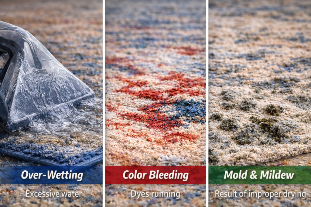 DIY rug cleaning mistakes showing over wet area, color bleeding, and mold damage on textured area rug surface