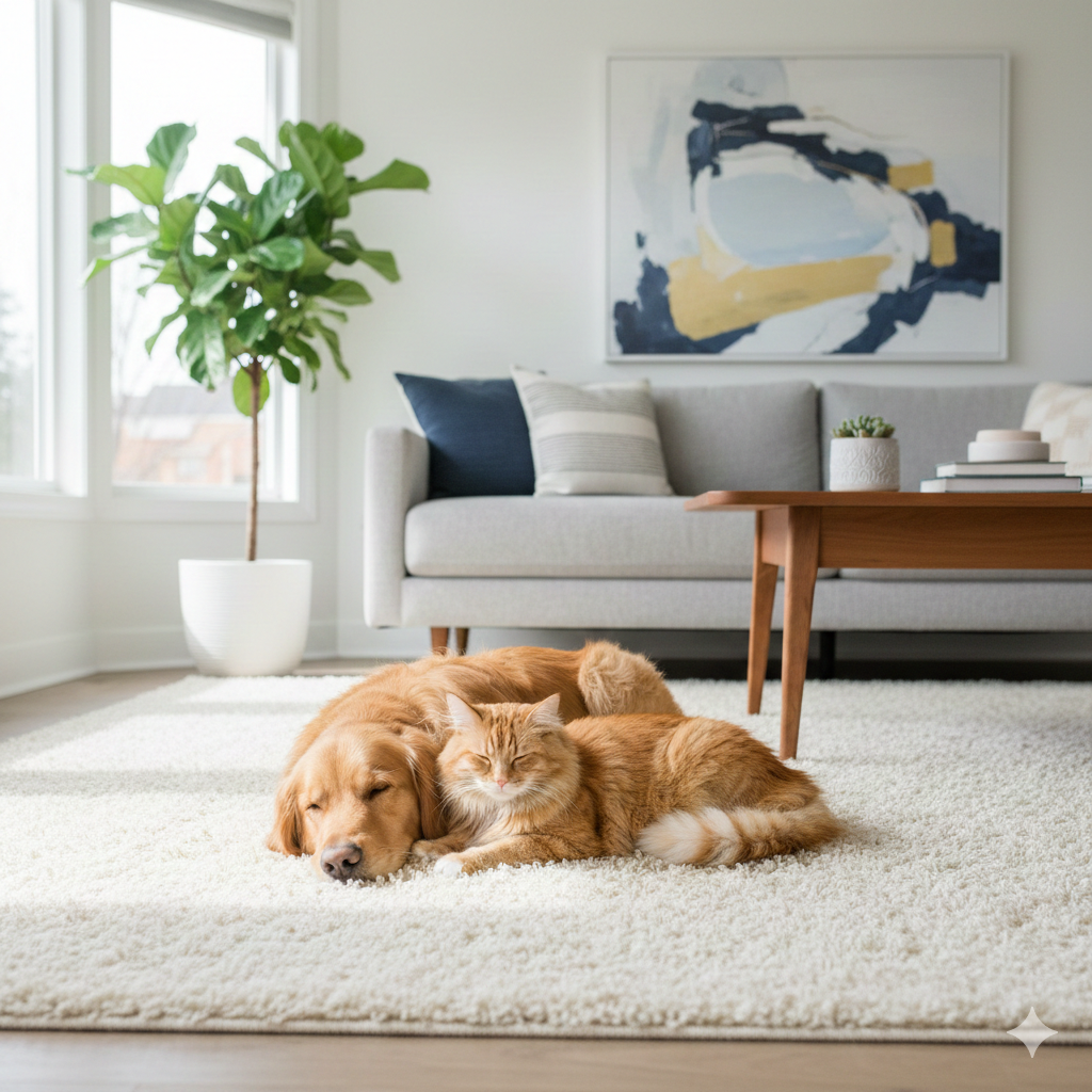 Dog and cat sitting on clean living room carpet in a pet friendly home
