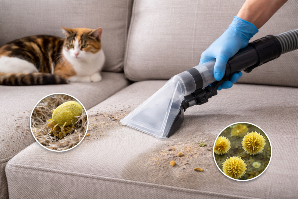 Professional upholstery cleaning removing dust, pet dander and allergens from fabric sofa