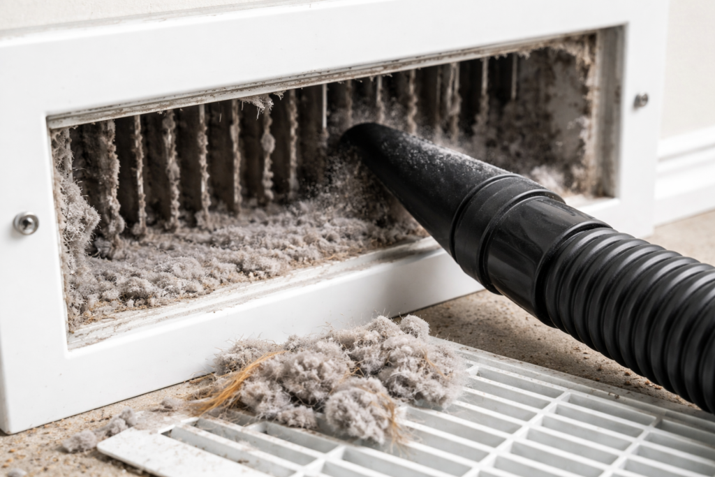 Dirty air duct vent cleaning removing dust and allergens from HVAC system in Vancouver home